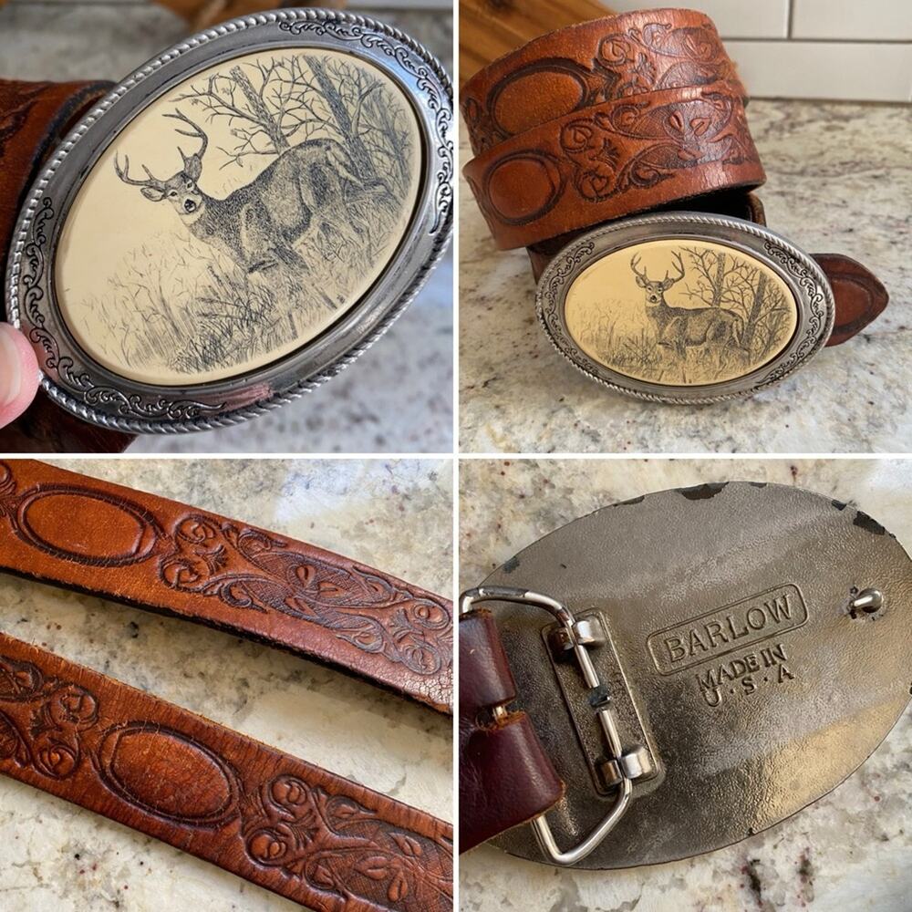 Vintage BARLOW USA Deer Hunting Stag Silver Tone Belt Buckle / Belt 38-43”